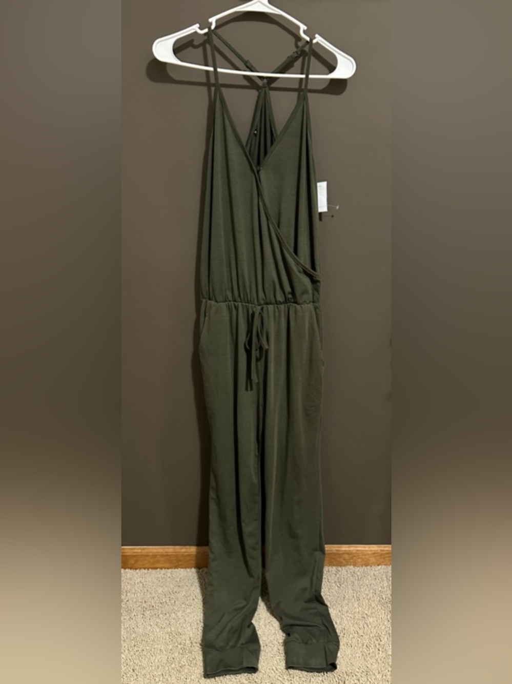 Women’s medium Olive Green Jumpsuit with Drawstring Waist